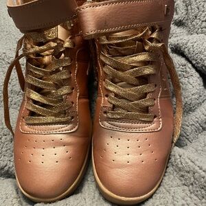 Gold High-Top Sneakers with Metallic Finish and Ankle Strap